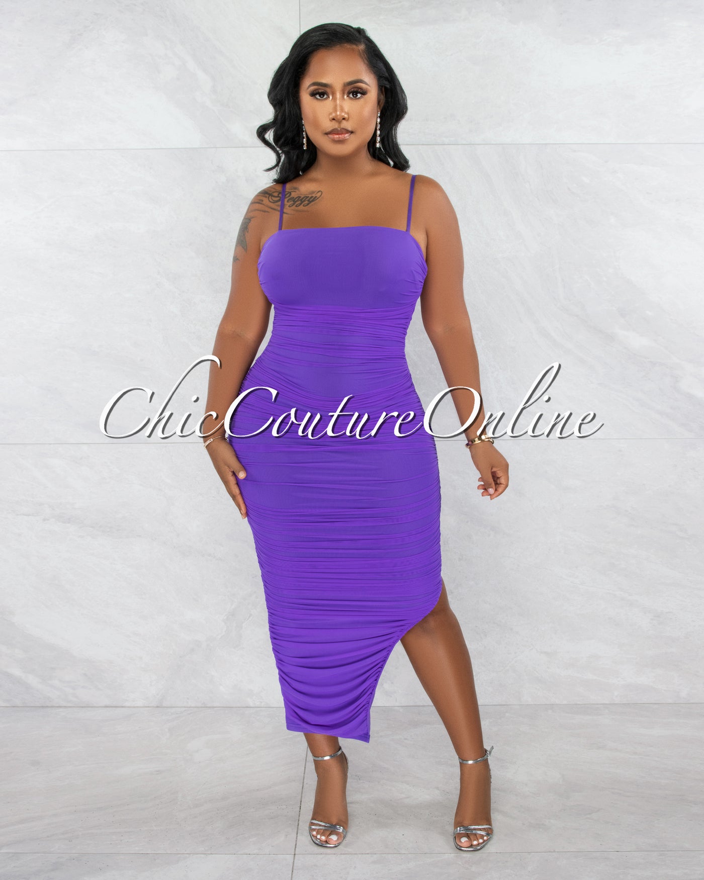 *Yerina Purple Ruched Bodice Side Slit Maxi Dress