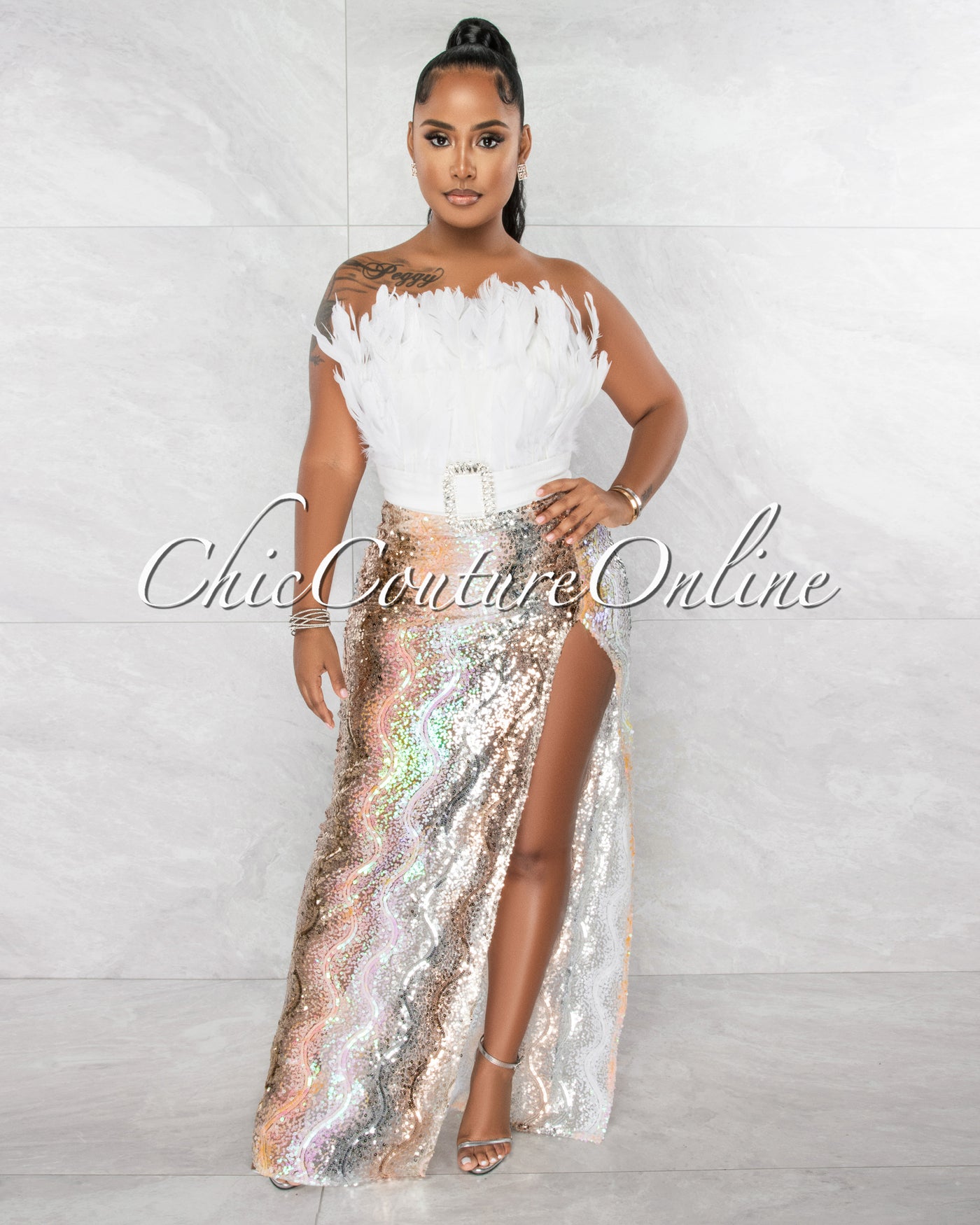Coster Off-White Feather Rhinestones Buckle Sequins Hem Bodysuit Dress