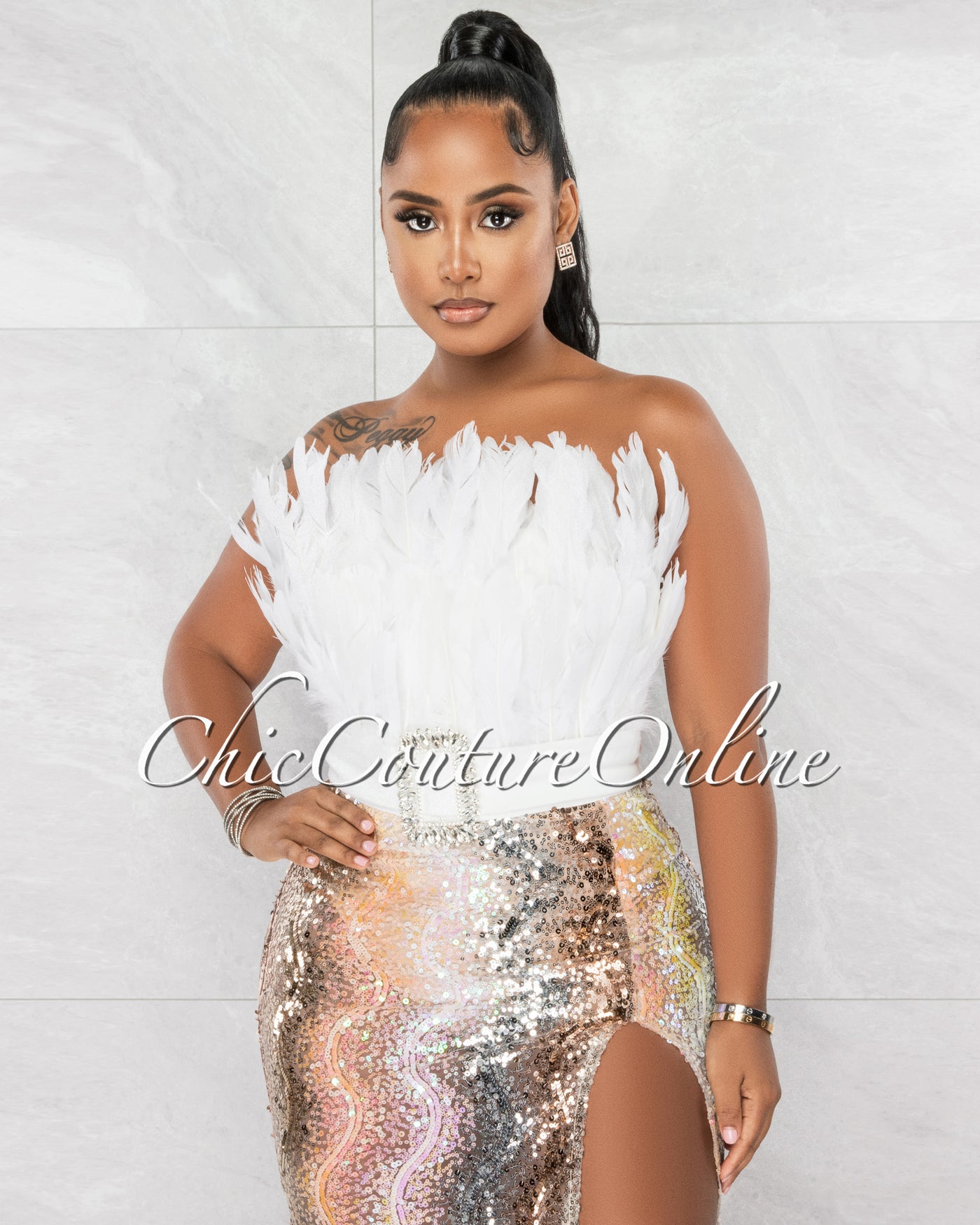 Coster Off-White Feather Rhinestones Buckle Sequins Hem Bodysuit Dress