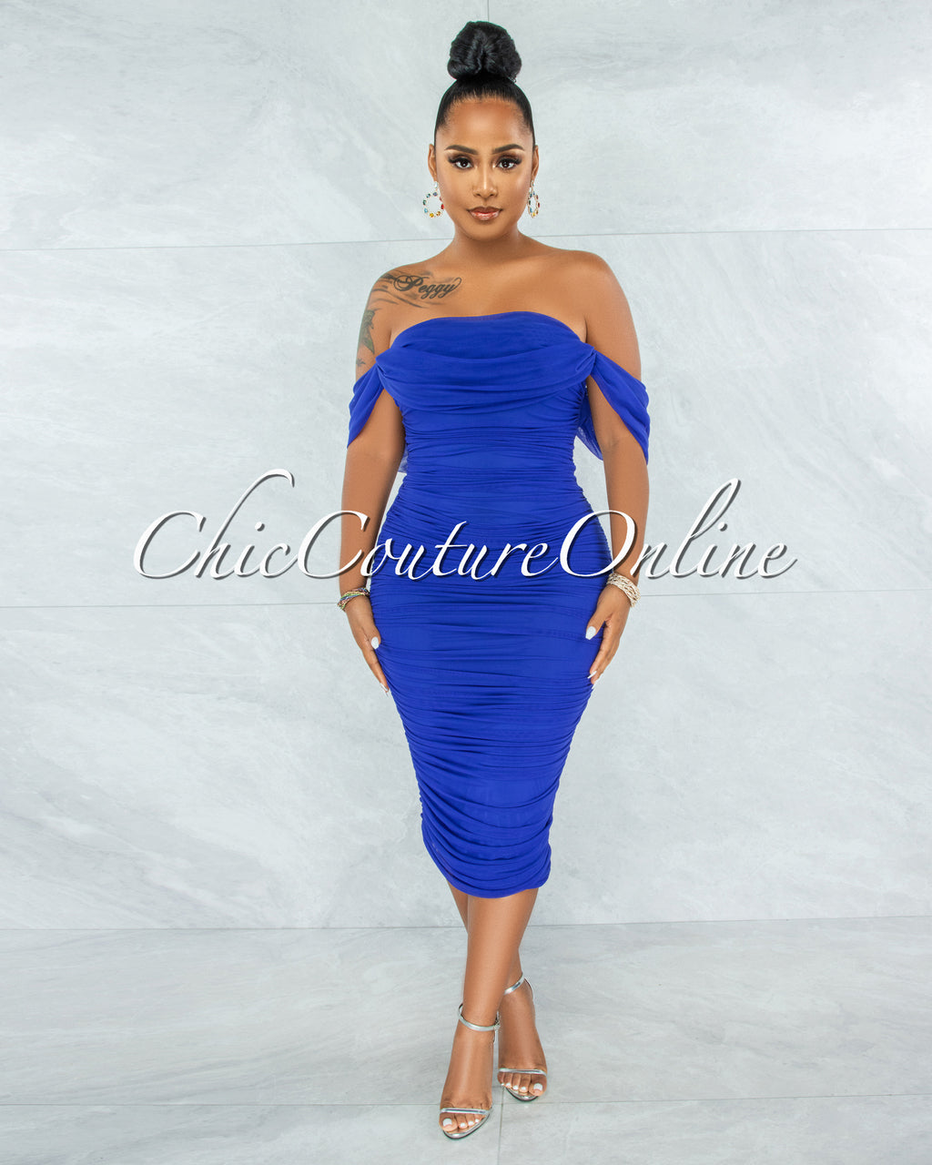 Becca Royal Blue Mesh Overlay Ruched Off-The Shoulder Dress