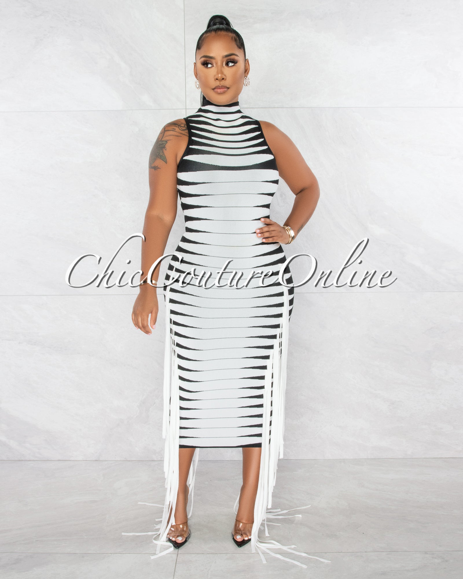 *Chasia Black White Stripes Fringe Sides Bandage Midi Dress