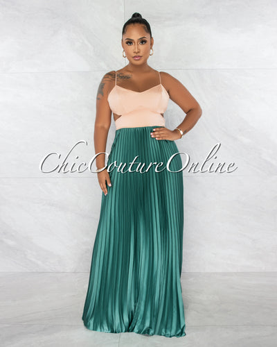 *Nafisa Nude Sage Two-Tone Side Cut-Out Pleated Satin Maxi Dress