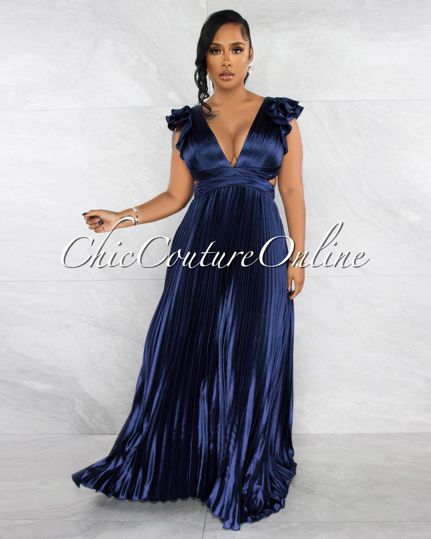 Elaine Navy Blue Ruffle Lace-Up Back Pleated Silky Maxi Dress