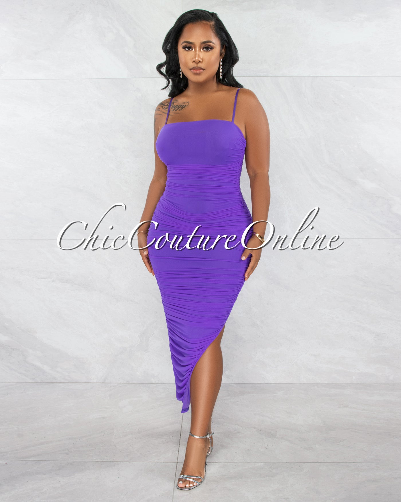 *Yerina Purple Ruched Bodice Side Slit Maxi Dress