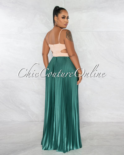 *Nafisa Nude Sage Two-Tone Side Cut-Out Pleated Satin Maxi Dress