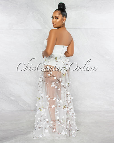 Teleria White Embroidery Tulle Bodysuit Maxi Dress