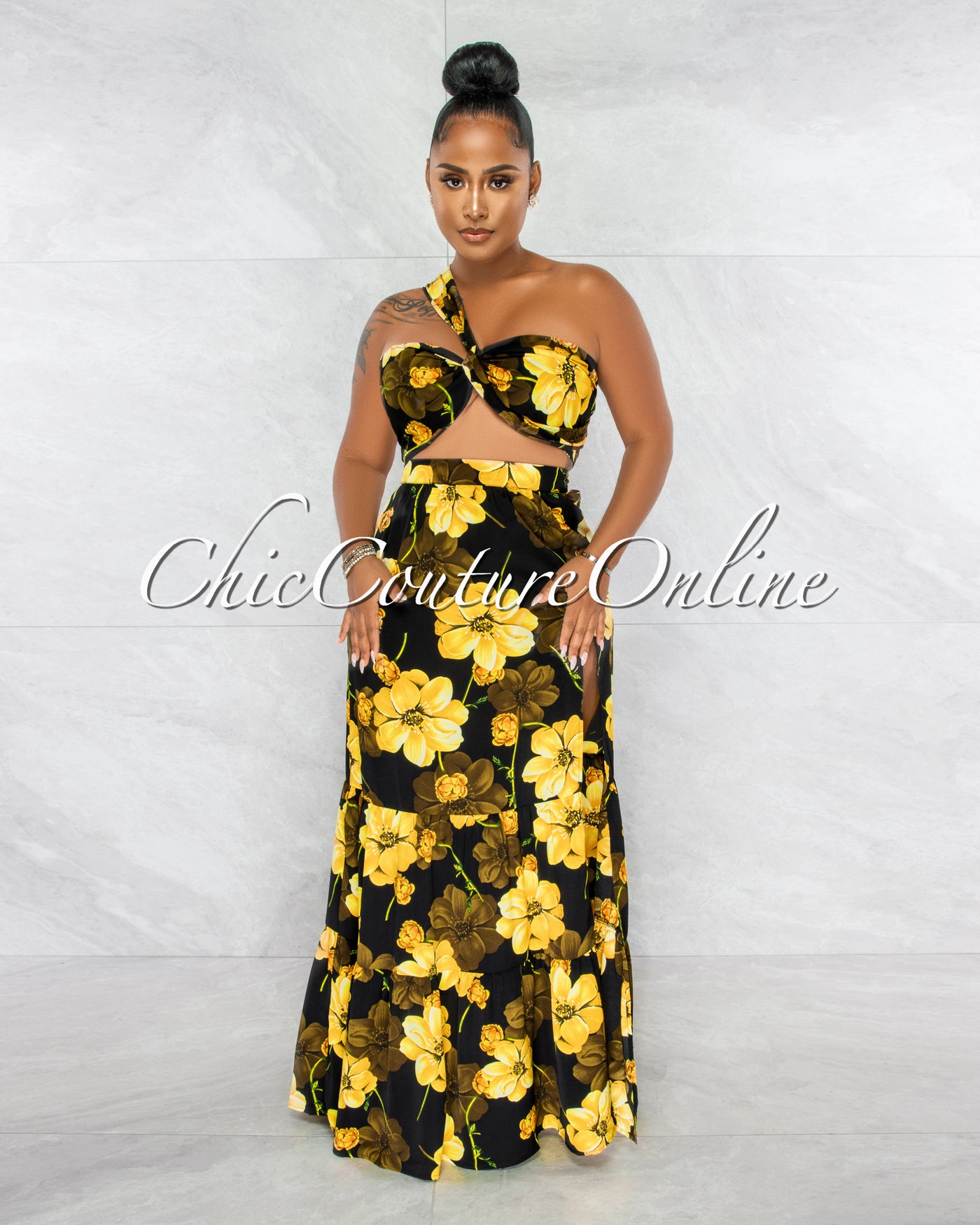 *Mylie Black Yellow Floral Print Multi-Way Top & Maxi Skirt Set