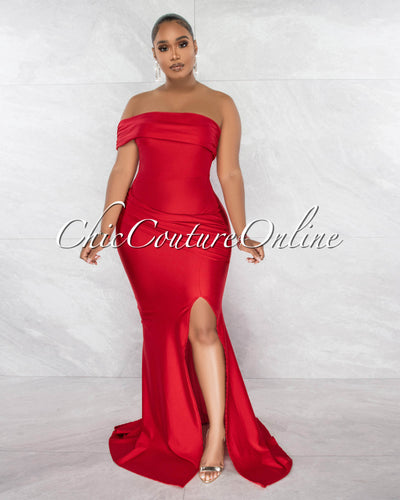 *Hender Red Drape Single Shoulder Side Slit Maxi Dress