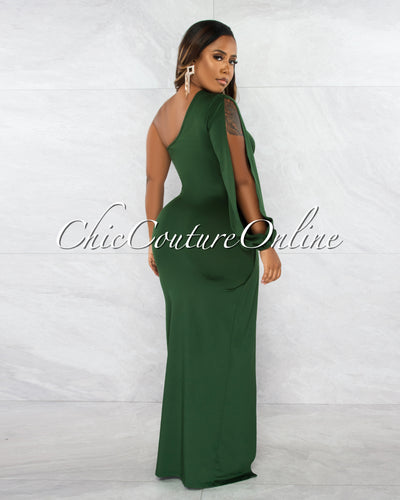 Molloy Hunter Green Single Sleeve Drape Maxi Dress