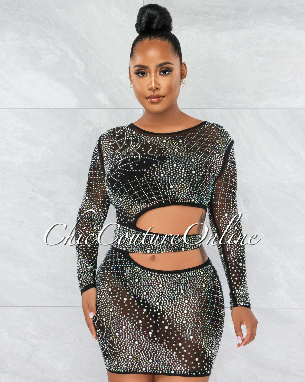 *Lenore Black Iridescent Rhinestone Pearl Accent Cut-Out Dress