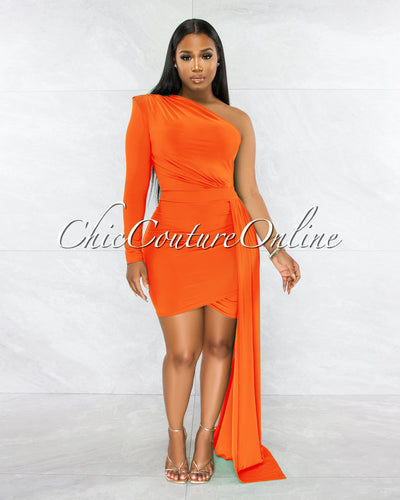 Cameo Orange Single Sleeve Long Strap Accent Dress