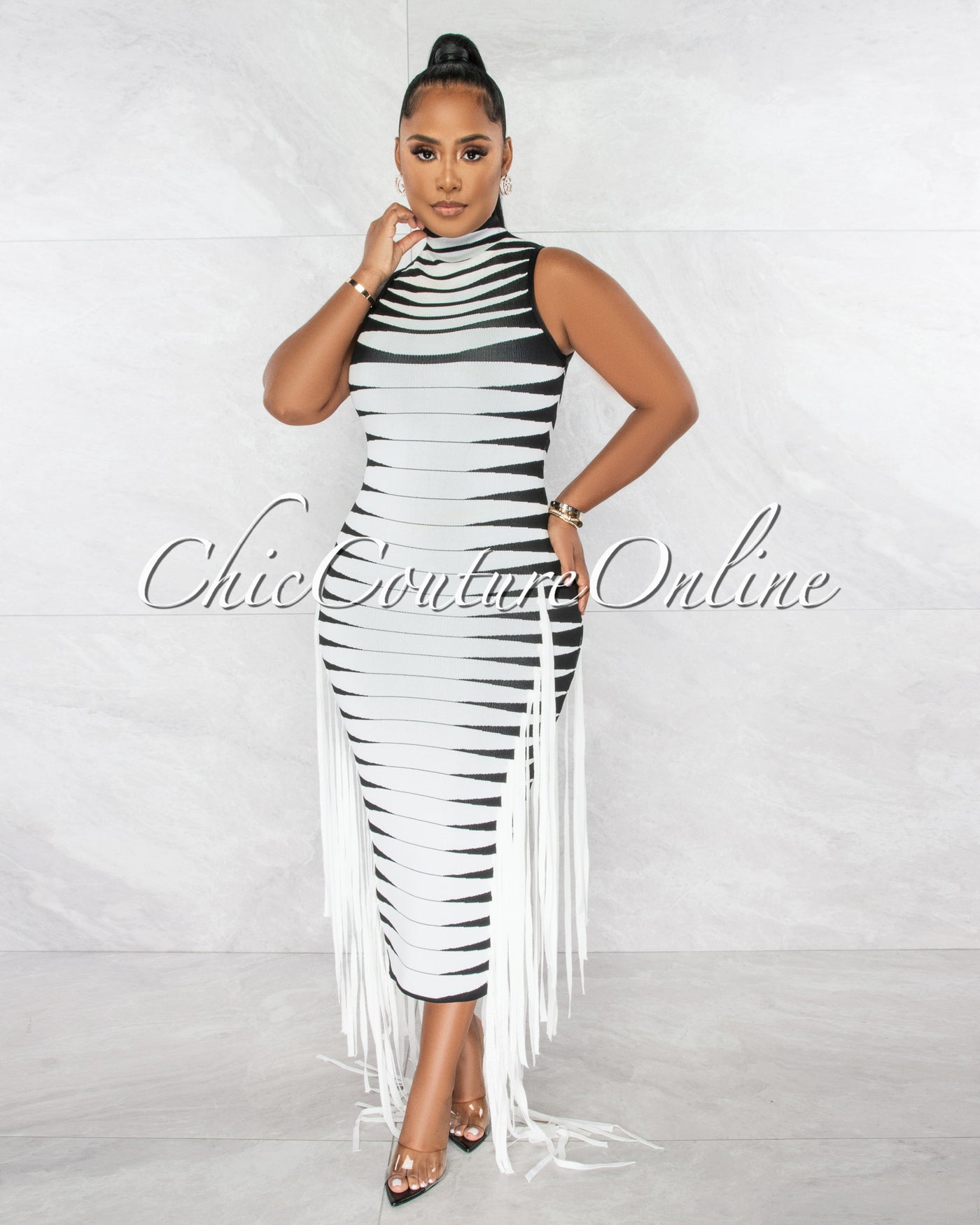 Chasia Black White Stripes Fringe Sides Bandage Midii Dress