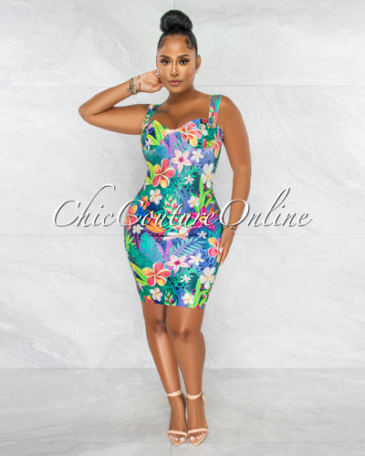 Florida Multi-Color Floral Print Gold Accent Bandage Dress