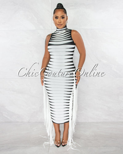 Chasia Black White Stripes Fringe Sides Bandage Midii Dress