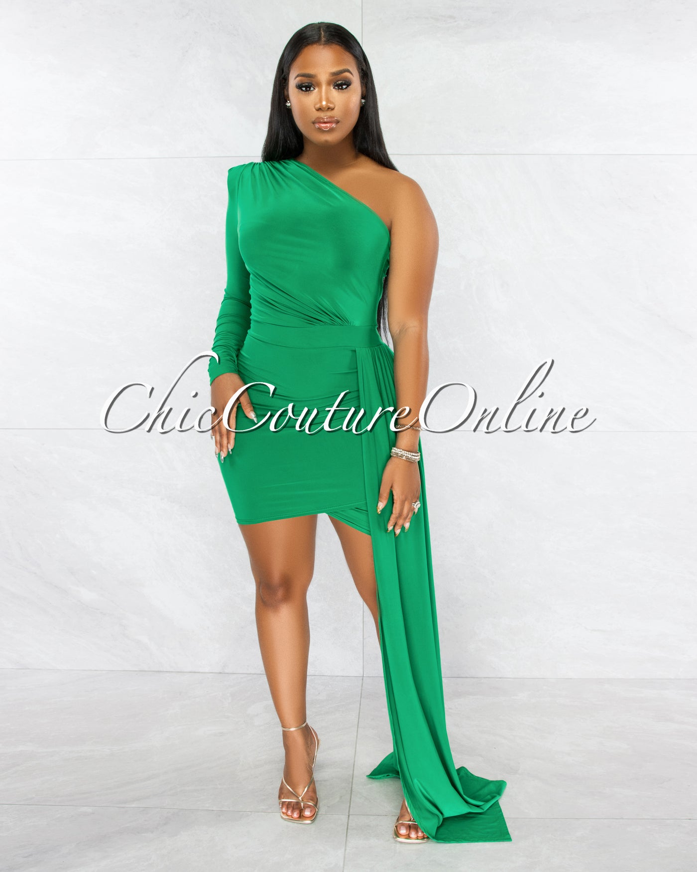 Cameo Kelly Green Single Sleeve Long Strap Accent Dress Chic Couture Online Cameo Kelly Green Single Sleeve Long Strap Accent Dress Chic Couture Online