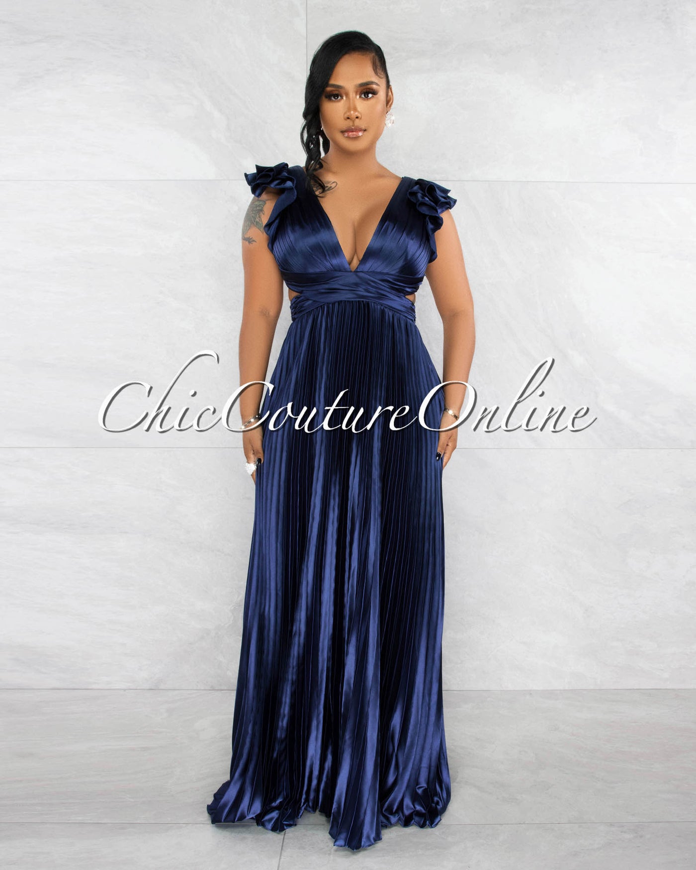 Elaine Navy Blue Ruffle Lace-Up Back Pleated Silky Maxi Dress