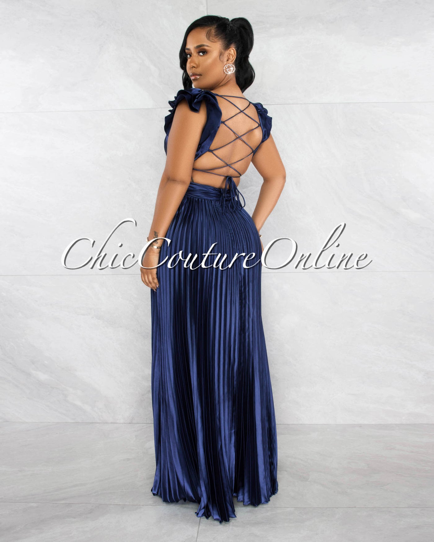 Elaine Navy Blue Ruffle Lace-Up Back Pleated Silky Maxi Dress