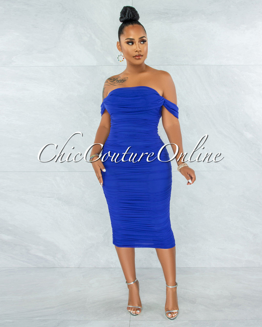 Becca Royal Blue Mesh Overlay Ruched Off-The Shoulder Dress
