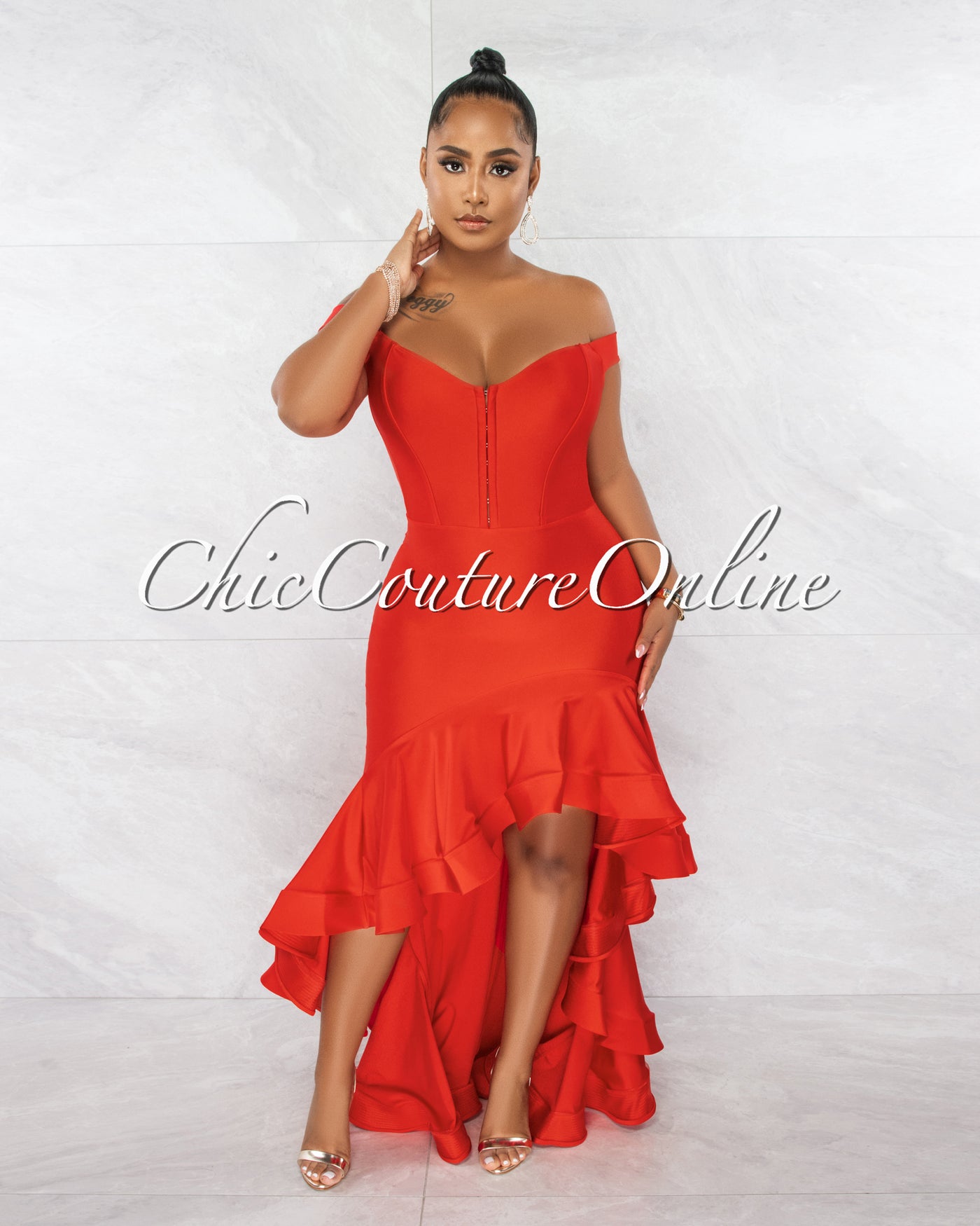 Dexter Red Corset Style Ruffle Statement Hi-Lo Gown