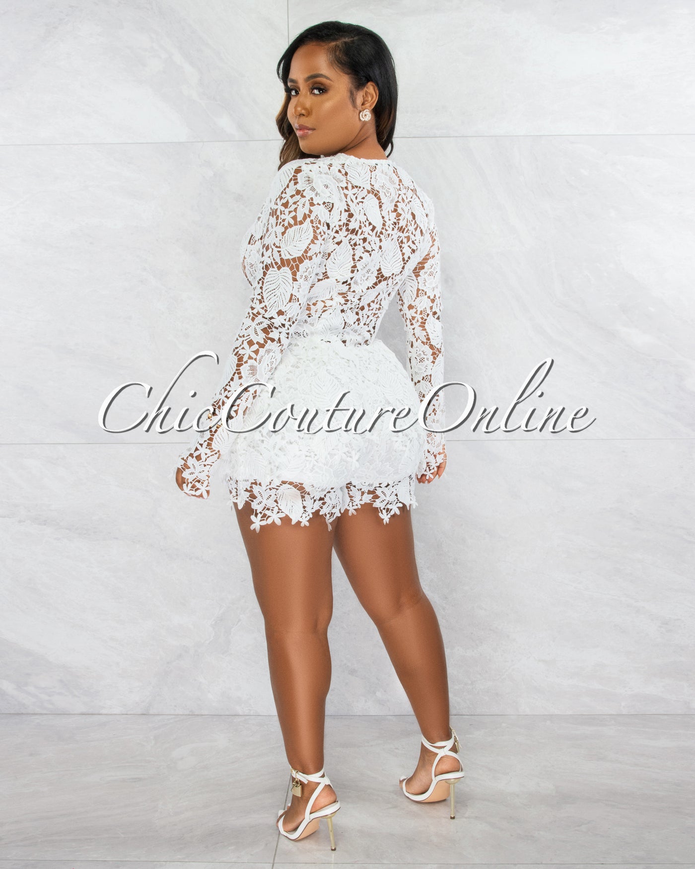 *Carencia Off-White Crochet Sheer Suit Shorts Set