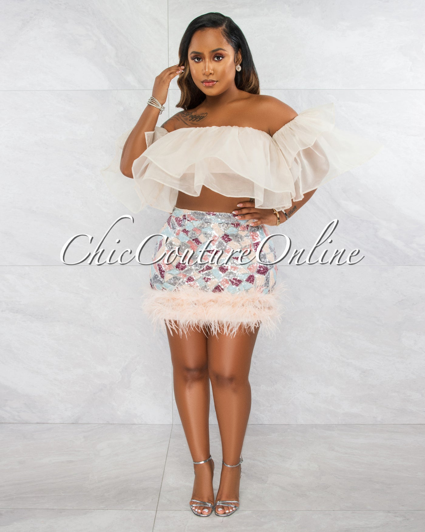 Montero Multi-Color Sequins Feather Hem Mini Skirt