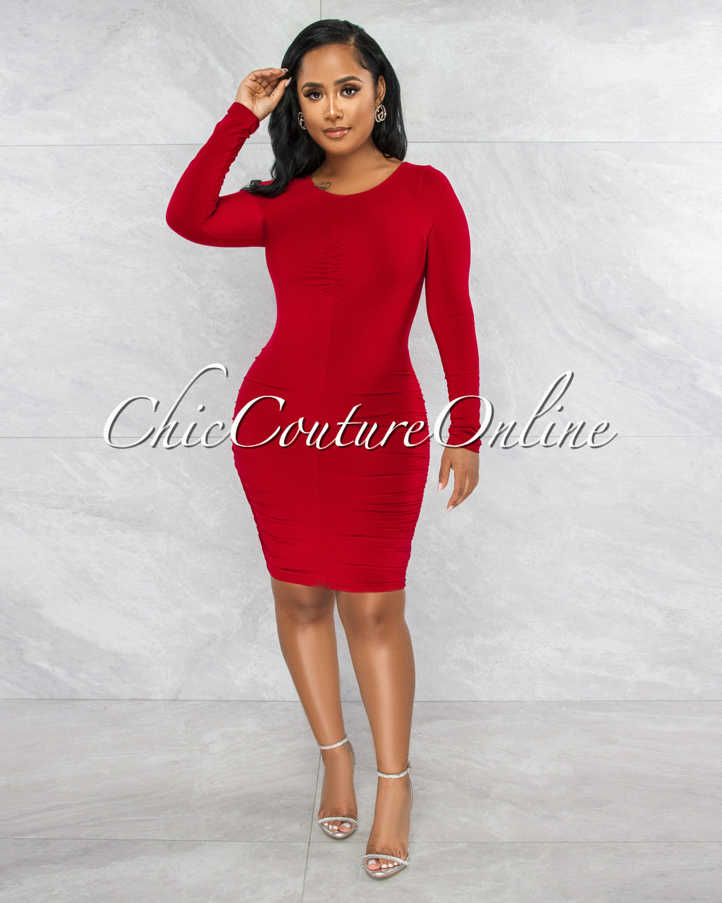 *Darlene Red Drape Long Sleeves Double Lined Dress