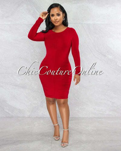 Darlene Red Drape Long Sleeves Double Lined Dress