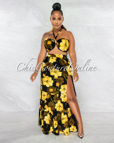 *Mylie Black Yellow Floral Print Multi-Way Top & Maxi Skirt Set