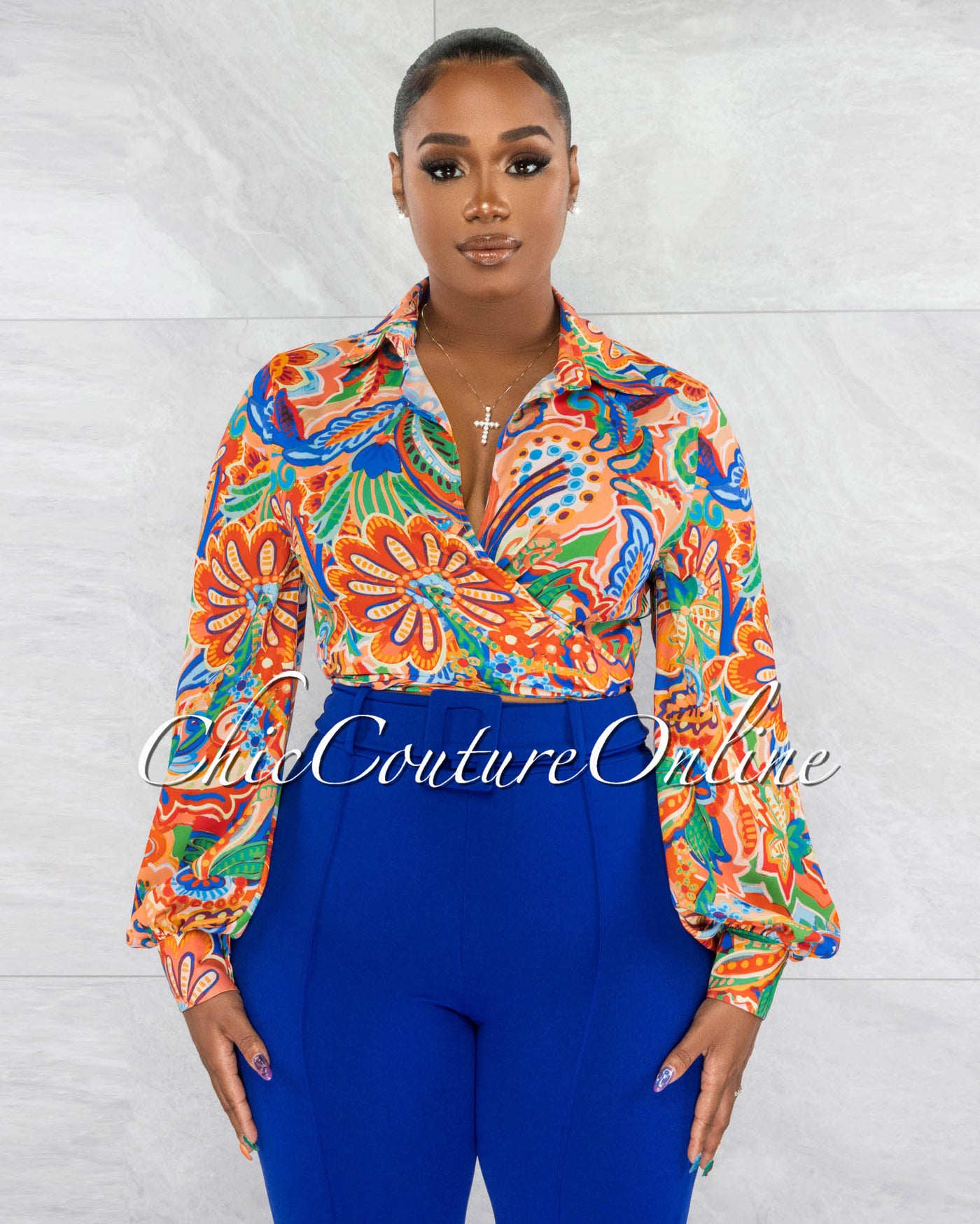 *Lonna Orange Print Long Sleeves Front Tie Semi-Sheer Shirt