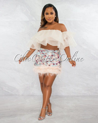 Montero Multi-Color Sequins Feather Hem Mini Skirt
