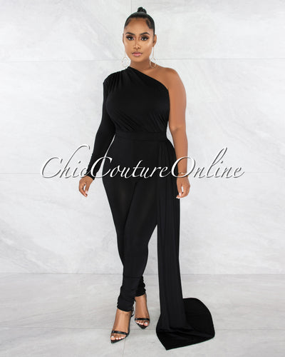 Thayana Black Single Sleeve Train Jumpsuit Dress