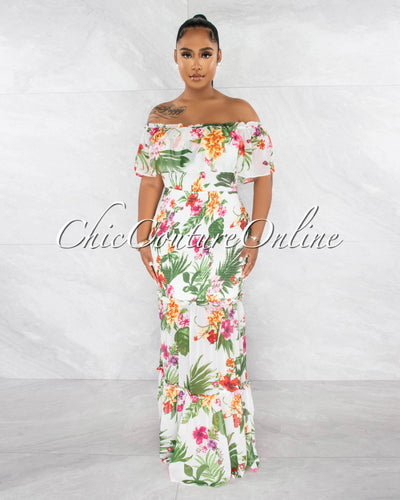 Gilly White Floral Print Smocked Ruffle Maxi Dress