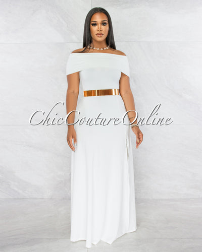 Brielle Off-White Off-The Shoulder Side Slit Maxi Dress