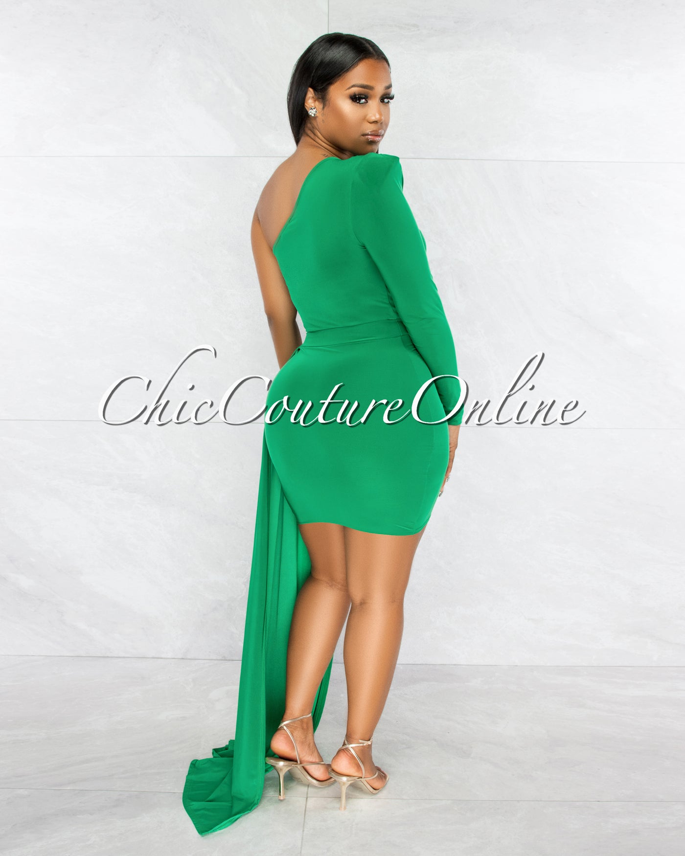 kelly green one shoulder dress Kelly Green Rayon Bandage Dress: Asymmetrical One Shoulder Midi