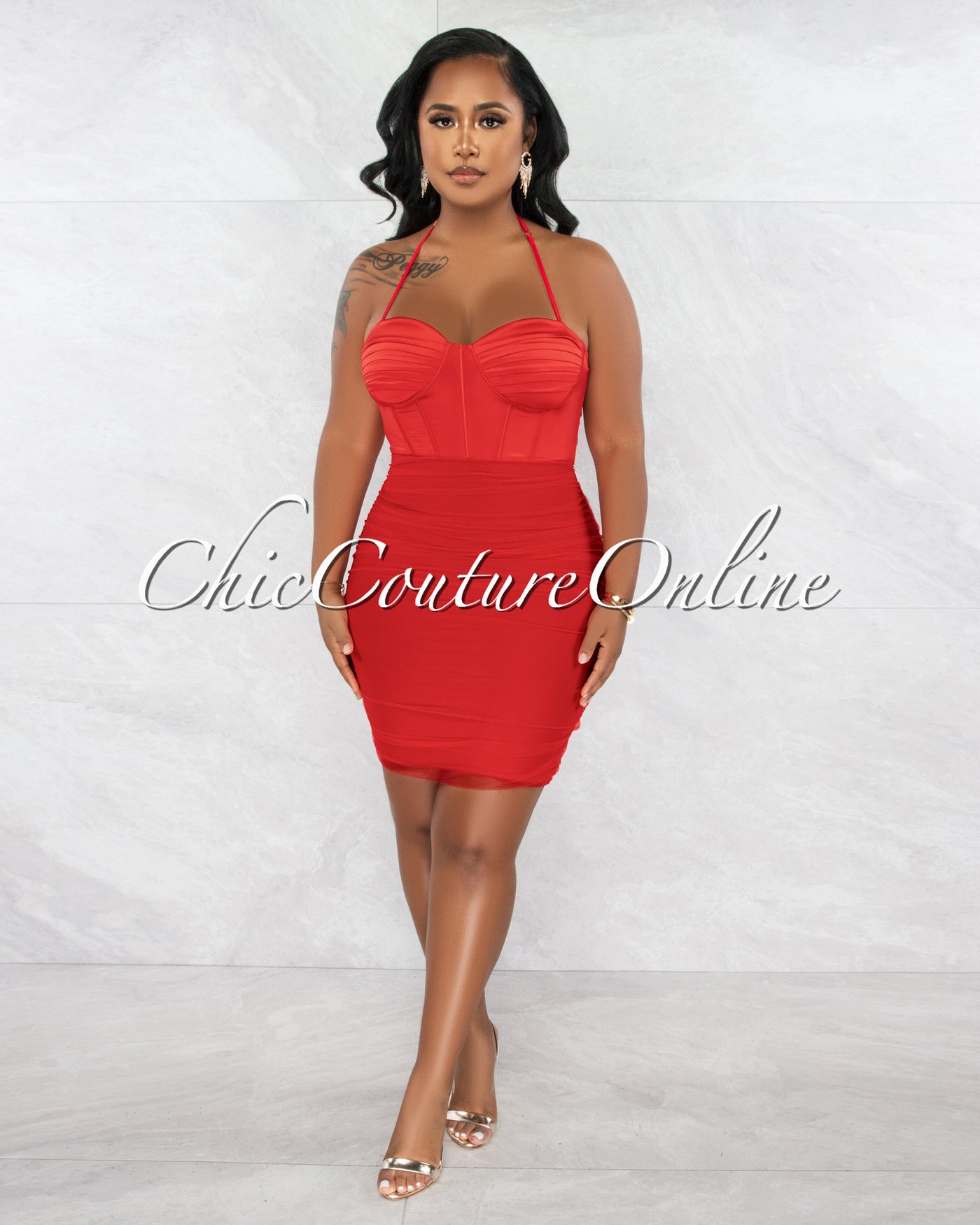 *Grainne Red Silky Mesh Ruched Bandage Corset Dress