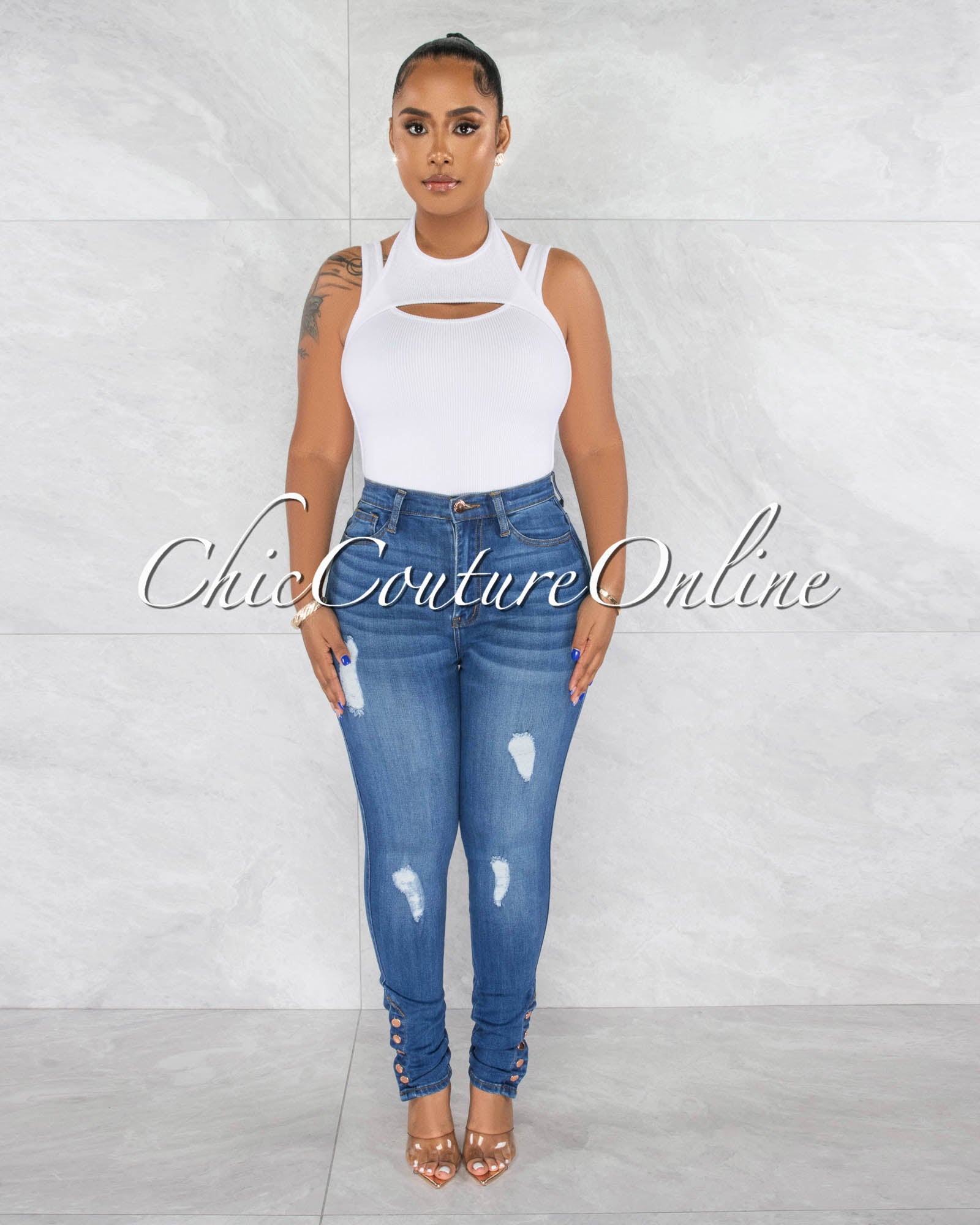 *Hagley Medium Denim Distressed Ankle Buttons Jeans
