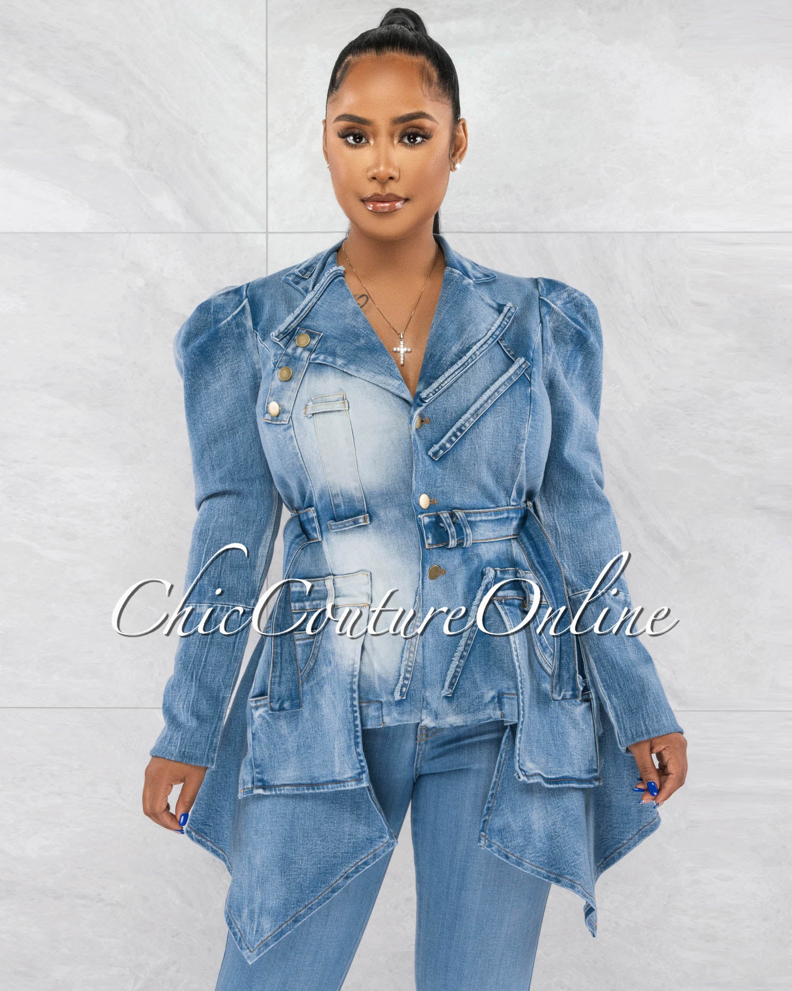 *Rania Washed Denim Bubble Sleeves Peplum Jacket