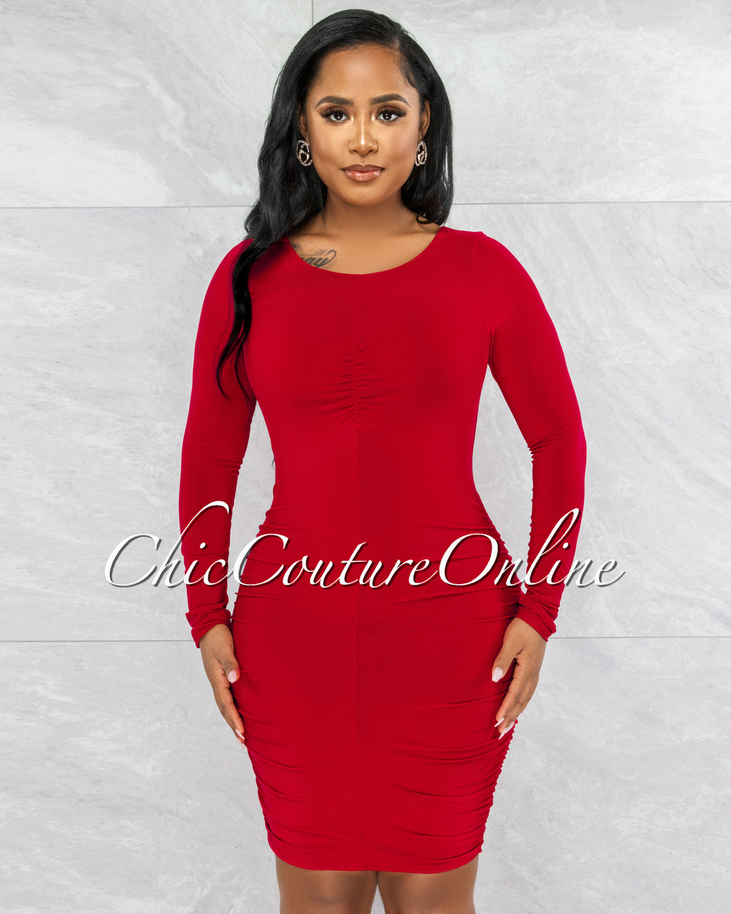 *Darlene Red Drape Long Sleeves Double Lined Dress