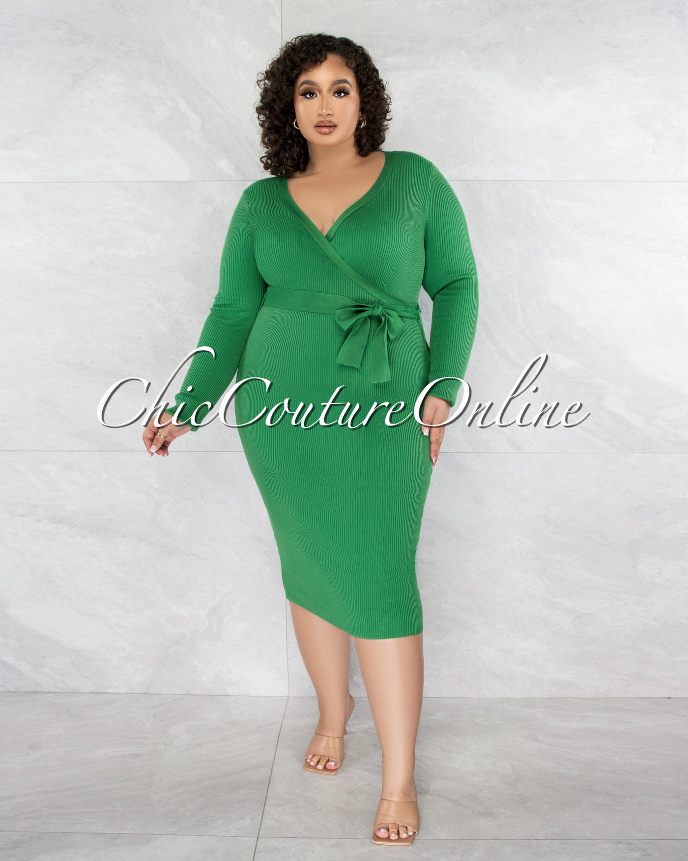 *Enrys Green Wrap Style Sweater CURVY Midi Dress