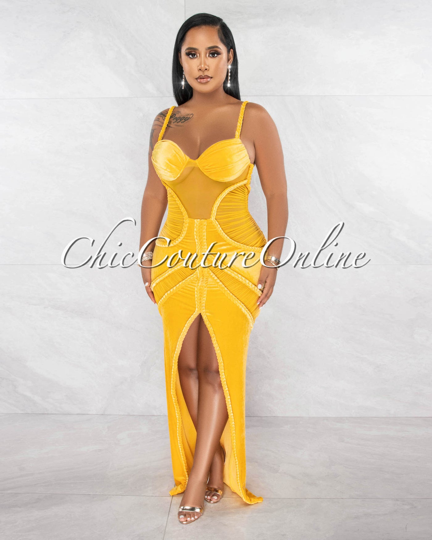 Eliam Yellow Velvet Mesh & Braids Details Front Slit Maxi Dress