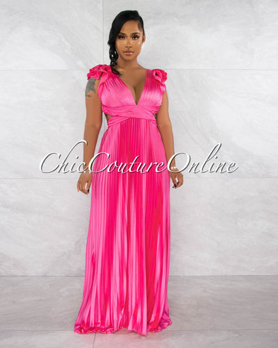 Elaine Pink Ruffle Lace-Up Back Pleated Silky Maxi Dress