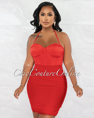 *Grainne Red Silky Mesh Ruched Bandage Corset Dress