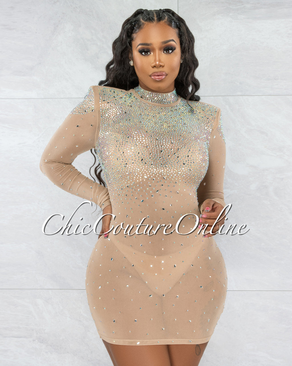 *Patrina Nude Iridescent Rhinestones Mesh Mini Dress