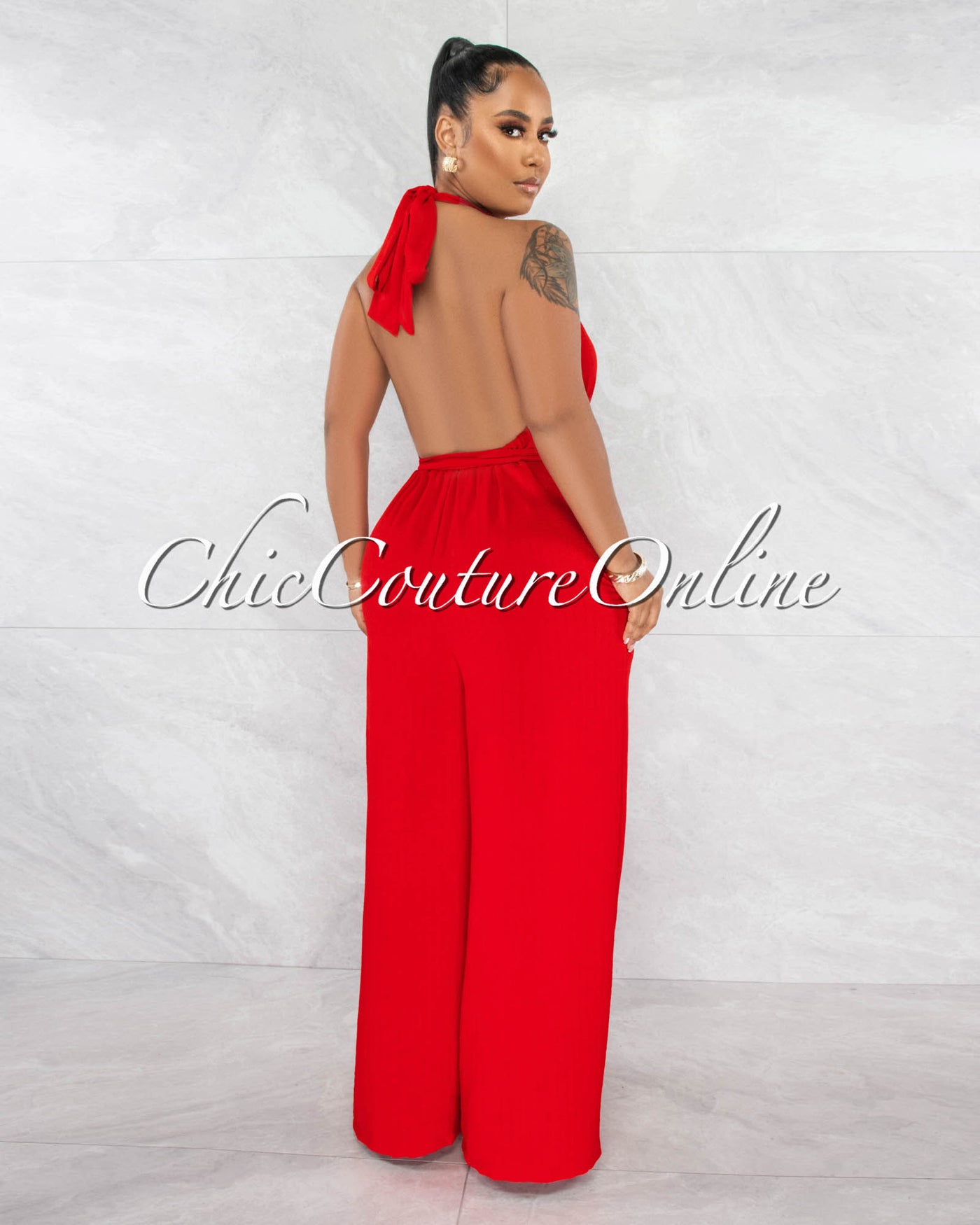 Lahina Red Halter Low Back Wide Legs Jumpsuit