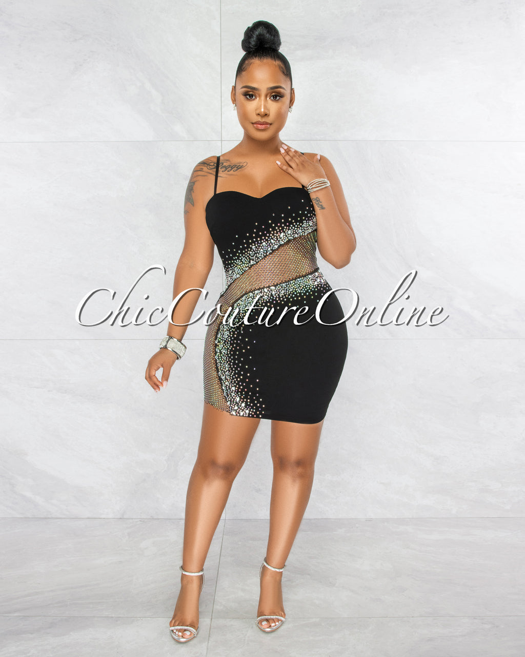 *Toraya Black Fishnet Accent Rhinestones Dress