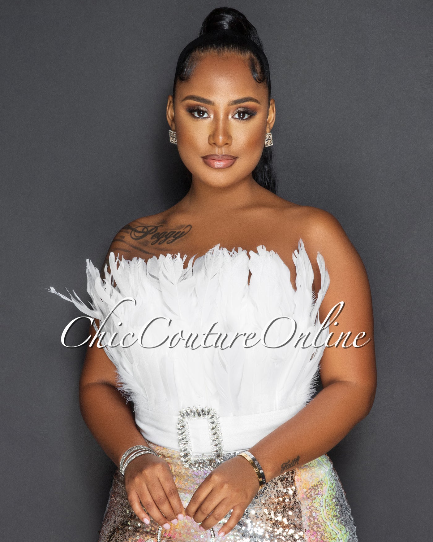 Coster Off-White Feather Rhinestones Buckle Sequins Hem Bodysuit Dress