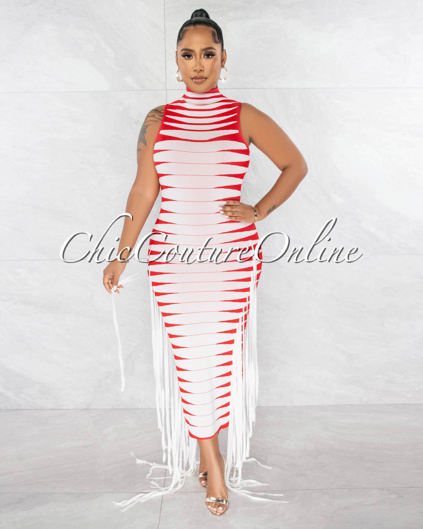 Chasia Red White Stripes Fringe Sides Bandage Midii Dress