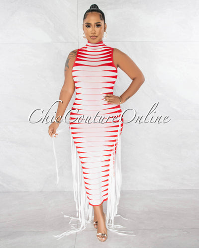 Chasia Red White Stripes Fringe Sides Bandage Midii Dress