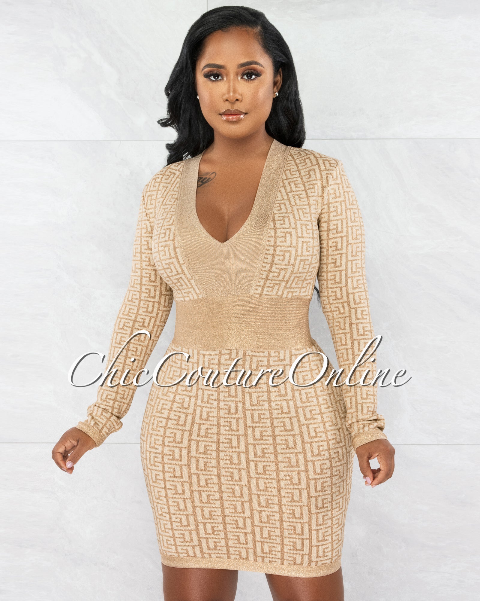 *Sheba Nude Gold Shimmer Fret Print Bandage Dress