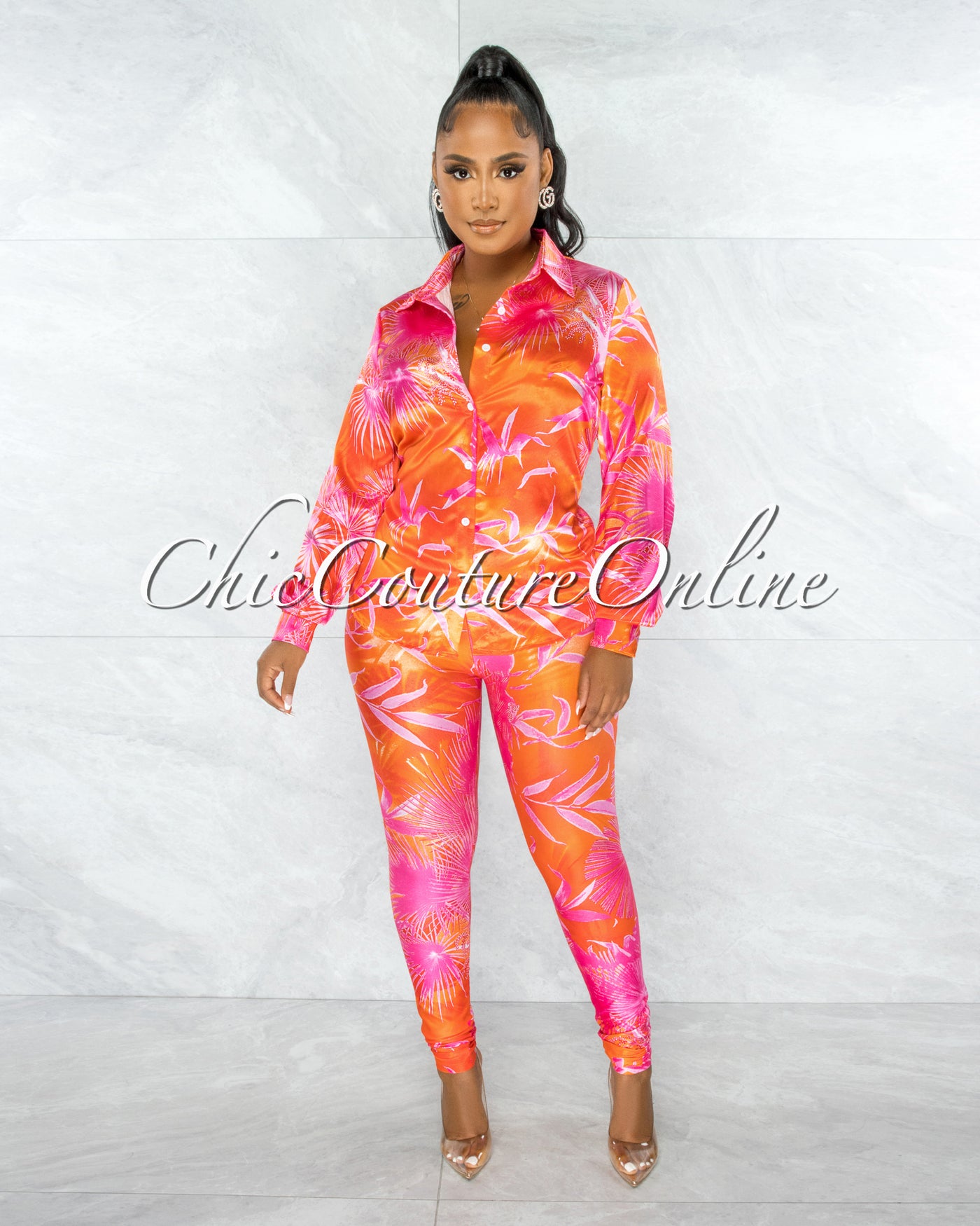 Dabney Orange Palm Print Satin Shirt & Leggings Set